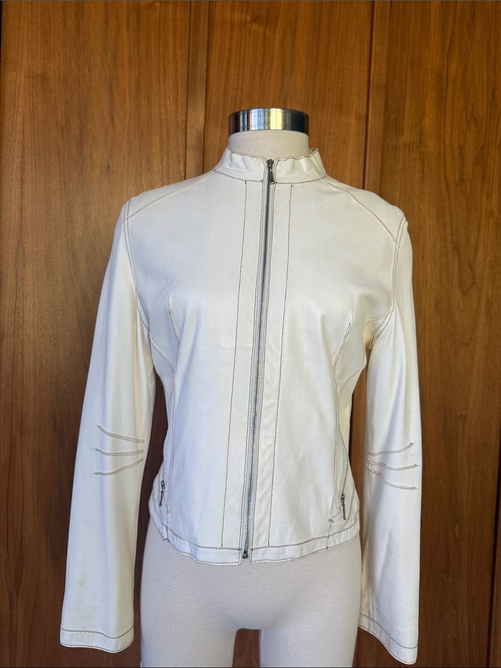 Nicole Berti, Cream Leather Zip-Front Jacket